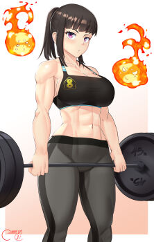 1girl 2021 abs absurdres artist_name barbell black_hair breasts castell collarbone commentary dated en'en_no_shouboutai english_commentary exercising feet_out_of_frame fire highres holding large_breasts looking_at_viewer maki_oze muscular muscular_female navel ponytail purple_eyes simple_background solo sports_bra sweat watermark weightlifting white_background