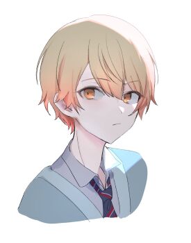 1boy blonde_hair blue_jacket blue_necktie closed_mouth collared_shirt commentary_request gradient_hair hair_between_eyes highres jacket korean_commentary koto6a looking_at_viewer male_focus multicolored_hair necktie orange_eyes orange_hair project_sekai shirt short_hair simple_background solo striped_necktie tenma_tsukasa upper_body white_background white_shirt