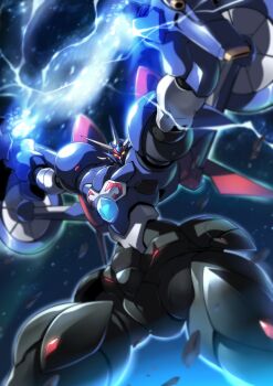 absurdres electricity floating getter_go getter_robo getter_robo_go glowing glowing_eyes haganef highres looking_at_viewer looking_down mecha mecha_focus no_humans open_hands robot rock science_fiction solo super_robot yellow_eyes