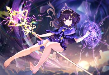 1girl absurdres barefoot bow ccczr chinese_commentary commentary_request commission dice dice_earrings earrings floating full_body hair_between_eyes heart heart_in_eye heart_o-ring highres holding holding_staff jewelry long_hair looking_at_viewer mo_nv_zhi_wen_nai_bai_he_zhi_wei o-ring o-ring_thigh_strap parted_lips pink_tiara purple_bow purple_eyes purple_hair second-party_source solo staff star_(symbol) symbol_in_eye thigh_strap very_long_hair