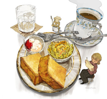 1girl apron artist_name blonde_hair chef_hat coffee commentary demizu_posuka food fork french_toast hat highres holding holding_fork holding_menu ice ice_cube menu original plate spoon stream water white_apron