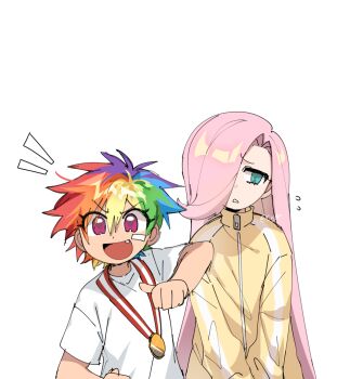 2girls :d antenna_hair aqua_eyes bare_arms blonde_hair blue_hair chestnut_mouth child cio_(ciosui) curtained_hair double-parted_bangs elbow_on_another&#039;s_shoulder elbow_rest fang fluttershy flying_sweatdrops green_hair hair_behind_ear hair_between_eyes hair_over_one_eye heattech_leotard highres ibispaint_(medium) jacket leotard long_hair long_sleeves looking_at_viewer looking_to_the_side medal multicolored_hair multiple_girls my_little_pony my_little_pony:_friendship_is_magic notice_lines one_eye_covered open_mouth orange_hair parted_lips personification pink_eyes pink_hair pointing pointing_at_self pointing_with_thumb puffy_long_sleeves puffy_sleeves purple_hair rainbow_dash rainbow_hair raised_inner_eyebrows red_hair shirt short_hair short_sleeves side-by-side simple_background single_vertical_stripe smile spiked_hair streaked_hair t-shirt tomboy tongue track_jacket turtleneck twitter_username upper_body v-shaped_eyebrows very_long_hair white_background white_shirt yellow_jacket