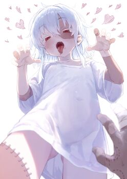 1girl absurdres bandaged_fingers bandages bite_mark collarbone colored_eyelashes covered_navel drooling fingernails flat_chest from_below hair_between_eyes heart highres loli looking_at_viewer nanihatomoare off_shoulder open_mouth original outstretched_arms patchwork_skin red_eyes semi-transparent shirt short_hair short_sleeves sidelocks simple_background solo staple stitches teeth tongue tongue_out upper_teeth_only white_background white_hair white_shirt zombie zombie_pose