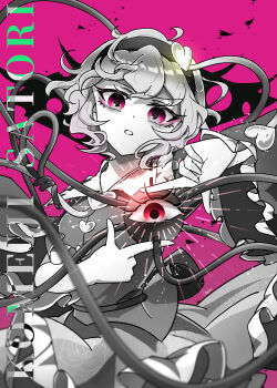 1girl @_@ absurdres bags_under_eyes buttons character_name collared_shirt cowboy_shot finger_frame floral_print floral_print_skirt frilled_skirt frills glowing greyscale_with_colored_background hairband heart heart_button heart_hairband highres komeiji_satori long_sleeves pink_background pink_eyes print_skirt shirt skirt solo spot_color third_eye touhou wide_sleeves yuriri2001