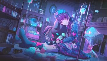 Rule 34 | 1girl, apron, armband, asahina mafuyu, blue armband, blue boots, blue eyes, blue shoes, blue theme, boots, bow, braid, broken heart print, buttons, candle, closed mouth, colorful palette, dot nose, dress, dress bow, footwear bow, frilled apron, frilled boots, frilled dress, frills, full body, game cg, ghost, glass bottle, hat, high heels, highres, intravenous drip, iv stand, lace-up boots, looking at viewer, low twintails, multicolored eyes, nurse, nurse cap, official alternate costume, official alternate hairstyle, official art, phenny (project sekai), pink bow, pink trim, project sekai, purple theme, rabbit, safety pin, scissors, shoes, sitting, smile, solo, striped clothes, striped dress, stuffed animal, stuffed rabbit, stuffed toy, syringe, teddy bear, third-party source, twintails, two-tone eyes, vertical-striped clothes, vertical-striped dress, wonderhorror~!? na kimodameshi! (project sekai), x eye