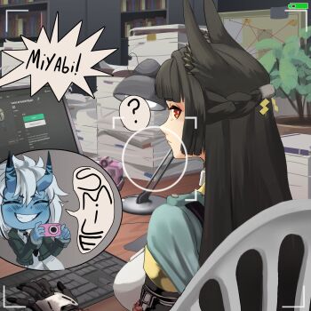 2girls ? absurdres animal_ears black_gloves black_hair blue_skin blunt_bangs brasileiroo breasts camera chair closed_mouth colored_skin computer computer_keyboard desk english_text fox_ears fox_girl from_behind gloves highres holding holding_camera hoshimi_miyabi indoors long_hair looking_back monitor multiple_girls on_chair oni paper_stack red_eyes sideboob sidelocks sitting smile soukaku_(zenless_zone_zero) splash_page zenless_zone_zero