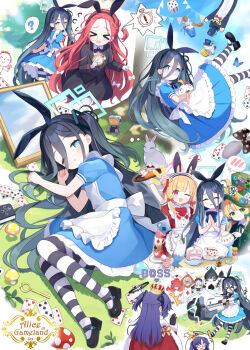 ! &gt;_&lt; 6+girls ? ^^^ alice&#039;s_adventures_in_wonderland alice_(alice_in_wonderland) animal_ears apron aris_(blue_archive) black_bow black_skirt blue_archive blue_dress blue_halo bow bowtie cake card character_request chihiro_(blue_archive) clock closed_eyes closed_mouth commentary_request cosplay crown cup cupcake dice doodle_sensei_(blue_archive) dress floating flying_sweatdrops food game_development_department_(blue_archive) grass green_hat grey_hair hair_bow halo hare_(blue_archive) hat head_only highres holding holding_clock holding_stuffed_toy holding_teapot holding_weapon kei_(robot)_(blue_archive) key kotama_(blue_archive) logo_parody long_hair long_sleeves looking_at_viewer lying maid_apron maki_(blue_archive) mary_janes midori_(blue_archive) mirror momoi_(blue_archive) multiple_girls mushroom notice_lines on_grass one_eye_closed open_mouth orange_halo pantyhose peroro_(blue_archive) pink_halo potion purple_hair purple_halo queen_of_hearts_(alice_in_wonderland) rabbit rabbit_ears railgun red_bow red_bowtie red_dress red_eyes red_hair red_halo sensei_(blue_archive) shoes skirt spoken_blush spoken_question_mark striped_clothes striped_pantyhose stuffed_toy teacup teapot veritas_(blue_archive) very_long_hair weapon white_bow white_bowtie yellow_halo yuuka_(blue_archive) yuzu_(blue_archive) zcx