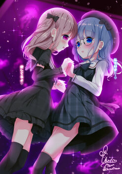 2boys aquarium artist_name beret black_bow black_dress blue_eyes blue_hair blush bow brown_hair chinomaron cowboy_shot dress dutch_angle eye_contact eyebrows_hidden_by_hair frilled_sleeves frills glasses hair_bow hat highres holding_hands interlocked_fingers long_hair long_sleeves looking_at_another multiple_boys open_mouth original plaid_clothes plaid_dress purple_eyes sailor_collar sidelocks signature thighhighs yuri