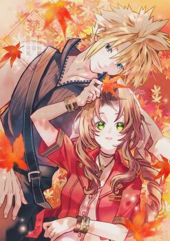 1boy 1girl absurdres aerith_gainsborough arestear0701 arm_around_neck artist_name autumn_leaves bangle black_cape black_vest blonde_hair blue_eyes bracelet braid braided_ponytail breasts brown_hair cape choker cleavage cloud_strife couple dress final_fantasy final_fantasy_vii final_fantasy_vii:_advent_children final_fantasy_vii_rebirth final_fantasy_vii_remake flower_choker green_eyes hair_between_eyes hair_ribbon hetero highres holding holding_leaf jacket jewelry leaf light_smile long_hair medium_breasts parted_bangs parted_lips pink_dress pink_ribbon red_jacket ribbon short_hair short_sleeves sidelocks single_bare_shoulder single_braid spiked_hair upper_body vest waist_cape