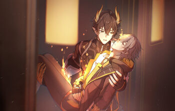 2boys armor black_coat black_gloves black_hair black_pants black_shirt caelus_(honkai:_star_rail) carrying chinese_clothes closed_eyes coat commentary_request constellation_print dan_heng_(honkai:_star_rail) dan_heng_(permansor_terrae)_(honkai:_star_rail) dragon_boy dragon_horns earclip eyeliner fingerless_gloves fingernails fire gauntlets gloves green_eyes grey_hair hair_between_eyes hair_ornament hand_on_own_stomach hands_up highres honkai:_star_rail honkai_(series) hood hooded_coat horns lapels long_hair long_sleeves looking_at_another low_ponytail makeup male_focus multiple_boys official_alternate_costume official_alternate_hairstyle open_clothes open_coat open_mouth pants pointy_ears ponytail princess_carry puffy_long_sleeves puffy_sleeves red_eyeliner rune_(rne_at) shirt short_hair shoulder_armor single_gauntlet single_glove standing t-shirt tassel teeth trailblazer_(honkai:_star_rail) two-sided_coat two-sided_fabric white_coat white_shirt yaoi yellow_coat yellow_pupils