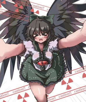 &gt;_&lt; 1girl bird_wings black_hair black_wings blush breasts caution_tape commentary emphasis_lines eye20806972 green_skirt highres incoming_hug long_hair open_mouth outstretched_arms radiation_symbol reaching reaching_towards_viewer reiuji_utsuho shirt short_sleeves skirt solo third_eye touhou white_shirt wings