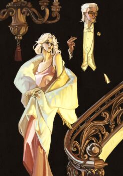 1boy 1girl black_coat bow bowtie chandelier cigarette coat curtained_hair dress earrings facing_viewer feet_out_of_frame formal_clothes hair_slicked_back hand_in_pocket hand_up highres holding holding_cigarette jewelry long_hair looking_to_the_side mullet orange-tinted_eyewear painterly parted_lips pink_dress queen_(to_be_hero_x) railing red_lips rose_pin sash shirt smile spaghetti_strap tassel tassel_earrings tinted_eyewear to_be_hero to_be_hero_x txntentxnten vest walking white_hair white_sash white_shirt white_vest x_(to_be_hero_x)