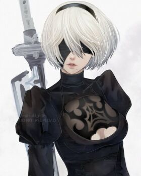 Rule 34 | 1girl, 2b (nier:automata), arm up, black dress, black gloves, blindfold, breasts, cleavage cutout, clothing cutout, commentary, covered eyes, cowboy shot, dress, facing viewer, feather-trimmed sleeves, gloves, gluteal fold, grey hair, groin, highres, juliet sleeves, leotard, leotard under clothes, long sleeves, medium breasts, mitsuki nite, mole, mole under mouth, nier:automata, nier (series), parted lips, puffy sleeves, short hair, side slit, simple background, solo, standing, sword, twitter username, virtuous treaty, weapon, white background, white leotard