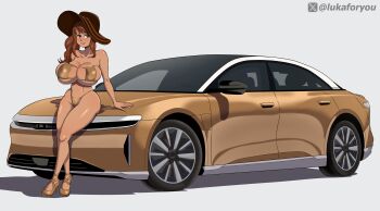 absurdres ass bikini booty_calls bra breasts brown_eyes brunette_hair_female cameltoe gold_bikini gold_car hat high_heels highres huge_ass huge_breasts lucid_air lukaforyou micro_bikini pinup_(style) sasha_(booty strapless strapless_bikini strapless_bra sun_hat swimsuit tan twitter_logo twitter_username underwear wavy_hair white_background