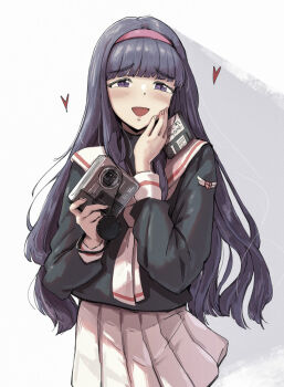 1girl :d black_hair black_shirt blunt_bangs blush camera cardcaptor_sakura daidouji_tomoyo hairband heart holding holding_camera long_hair looking_at_viewer neckerchief open_mouth pink_hairband purple_eyes sailor_collar school_uniform serafuku shimkarom shirt simple_background skirt smile solo tomoeda_elementary_school_uniform upper_body white_background white_neckerchief white_sailor_collar white_skirt