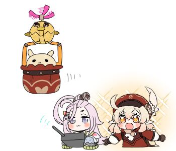 2girls aino_(genshin_impact) aoyagi_(ao0701yagi) bangs_pinned_back blue_eyes blush broken_heart broken_heart_hair_ornament brown_gloves clover_print coat controller dodoco_(genshin_impact) genshin_impact gloves hat hat_feather hat_ornament heart highres klee_(genshin_impact) low_twintails multiple_girls newsboy_cap open_mouth pink_hair pointy_ears red_coat red_eyes red_hat remote_control robot screw_hair_ornament sleeves_past_fingers sleeves_past_wrists symbol-shaped_pupils twintails white_background