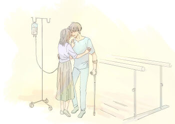 1boy 1girl absurdres brown_hair criteria crutch full_body han_sooyoung hand_on_another&#039;s_head hand_on_another&#039;s_shoulder highres hospital hospital_gown intravenous_drip kim_dokja long_skirt omniscient_reader&#039;s_viewpoint purple_shirt shirt short_hair skirt standing watercolor_effect