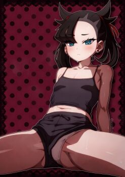 1girl absurdres asymmetrical_bangs bare_shoulders black_camisole black_hair black_shorts blue_eyes border breasts bright_pupils camisole closed_mouth commentary earrings groin_tendon hair_ribbon highres jewelry light_blush light_frown looking_at_viewer marnie_(pokemon) micro_shorts midriff naoillus navel nintendo ornate_border outline panties panty_peek pokemon pokemon_sword_and_shield polka_dot polka_dot_background red_background red_ribbon ribbon shorts sitting small_breasts solo spread_legs sweat twintails twitter_username underwear white_outline white_panties white_pupils wide_spread_legs