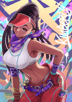 1girl aqua_nails belt character_name crop_top dark-skinned_female dark_skin dreadlocks earphones ema_(emaura) fingerless_gloves gloves hand_on_own_hip hat_over_one_eye highres kimberly_jackson leaning_forward looking_at_viewer official_alternate_costume official_alternate_hairstyle panties pants panty_peek parted_lips purple_scarf red_pants scarf solo spray_can street_fighter street_fighter_6 underwear visor_cap walkman