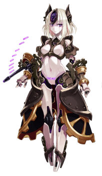 1girl android arm_cannon armor automaton_(monster_girl_encyclopedia) blonde_hair body_writing breasts bullet directed-energy_weapon energy energy_gun energy_weapon female_focus full_body gears glowing glowing_tattoo gun heart heart_tattoo highres horns joints kenkou_cross looking_at_viewer medium_breasts monster_girl monster_girl_encyclopedia monster_girl_encyclopedia_ii navel no_feet official_art pubic_tattoo purple_eyes robot robot_ears robot_girl robot_joints short_hair simple_background solo standing steampunk tattoo weapon white_background white_hair wrist_gun
