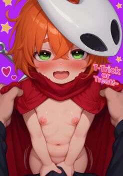 1girl absurdres age_difference ahoge ai-assisted ass black_sleeves blush bob_cut bulge cloak cloak_lift clothes_pull commentary completely_nude cosplay costume crossed_bangs english_commentary english_text erection erection_under_clothes eyebrows_hidden_by_hair female_focus freckles green_eyes hair_between_eyes halloween halloween_costume heart height_difference highres hina_kurosawa hollow_knight hollow_knight:_silksong holstered hornet_(hollow_knight) loli looking_at_viewer looking_up mask messy_hair muffin_top naked_cloak needle needle_(hollow_knight) nipples nude original penis_awe penis_grab plump pov pov_crotch purple_background red_cloak revealing_clothes seductive_gaze self-upload short_hair solo standing star_(symbol) thick_thighs thighs tongue video_game wavy_hair weapon white_mask