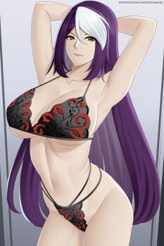 Rule 34 | 1girl, aslindsamure, bra, breasts, fairy tail, large breasts, long hair, mary hughes, panties, purple hair, smile, underwear, yellow eyes