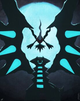 :&gt; absurdres alternate_color blue_eyes blue_moon darkrai ewokakukaede floating_hair full_body gen_4_pokemon giratina giratina_(altered) glowing glowing_eyes glowing_mouth hair_over_one_eye highres horns legendary_pokemon long_hair looking_at_viewer moon mythical_pokemon night night_sky nintendo no_humans outdoors pokemon pokemon_(creature) shiny_pokemon signature silhouette sky smile spikes spread_wings watermark white_hair wings