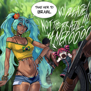 2girls absurdres ahoge ak-47 aqua_hair assault_rifle bikini bogidark bracelet brazilian_flag brazilian_flag_print brazilian_miku breasts cleavage collarbone dark-skinned_female dark-skinned_male dark_skin drill_hair eyewear_on_head flag_print flower gun hair_flower hair_ornament hatsune_miku highres jewelry kalashnikov_rifle kasane_teto long_hair midriff multiple_boys multiple_girls navel open_fly open_mouth pubic_hair red_eyes red_hair red_trim rifle shirt small_breasts solo sunglasses swimsuit tan tanline thong twin_drills twintails utau vocaloid weapon yellow_shirt