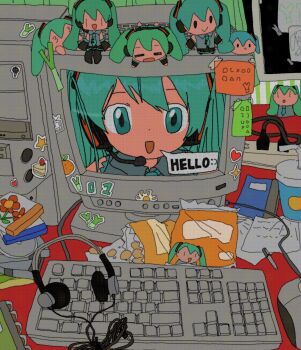 1girl bag_of_chips blue_eyes blue_hair cable character_doll collared_shirt commentary computer computer_keyboard computer_mouse computer_tower crt cup disc disposable_cup doll english_text grey_shirt hatsune_miku headphones headset highres indoors kousou_(vanilla_rkgk) long_hair looking_at_viewer note notebook open_mouth pen power_strip shirt sleeveless sleeveless_shirt smile solo speech_bubble sticker table twintails vocaloid