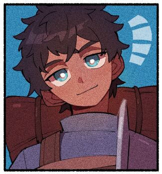 Rule 34 | 1boy, armor, backpack, bag, blue background, blue eyes, brown hair, closed mouth, dark-skinned male, dark skin, dungeon meshi, head tilt, kabru, looking at viewer, male focus, notice lines, nploser, simple background, smile, solo