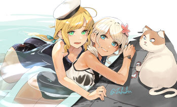 absurdres ahoge ass blonde_hair blue_eyes blush breasts cat commentary_request crop_top flower fuwafuwatoufu glasses hair_flower hair_ornament hair_ribbon hat highres i-8_(kancolle) kantai_collection large_breasts long_hair looking_at_viewer low_twintails one-piece_swimsuit one-piece_tan pool red-framed_eyewear ribbon ro-500_(kancolle) sailor_collar school_swimsuit smile solo swimsuit swimsuit_under_clothes tan tanline thighhighs twintails water wet wet_clothes wet_swimsuit white_thighhighs