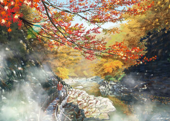 1girl arm_at_side autumn autumn_leaves black_hair colorful commentary_request daigo_fujiie day dress forest hand_up jacket landscape leaf long_sleeves nature original outdoors path red_jacket river road scenery signature solo stairs standing steam tree water white_dress wide_shot