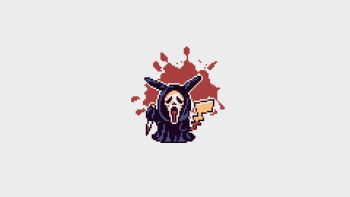cloak gen_1_pokemon ghostface grey_background kam2d looking_at_viewer mask nintendo no_humans pikachu pixel_art pokemon pokemon_(creature) scream_(movie) simple_background