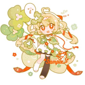 Rule 34 | 1girl, :d, ahoge, artist name, asymmetrical legwear, black thighhighs, blunt bangs, blush stickers, chibi, chibi only, clover, commentary, dot nose, dress, fanqiealxe, four-leaf clover, frilled sleeves, frills, full body, ghost, green hair, hair between eyes, heart, heart ahoge, highres, long hair, long sleeves, looking at viewer, mismatched legwear, open mouth, original, outline, red eyes, sample watermark, simple background, single blush sticker, single sock, single thighhigh, sleeves past fingers, sleeves past wrists, smile, socks, solo, standing, standing on one leg, symbol-only commentary, thighhighs, toeless legwear, uneven legwear, watermark, white background, white dress, white socks
