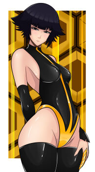 Rule 34 | 1girl, absurdres, arm behind back, bare shoulders, black hair, black leotard, black thighhighs, bleach, border, breasts, elbow gloves, female focus, gloves, hand on own thigh, highleg, highleg leotard, highres, leotard, looking at viewer, medium hair, shiny skin, simple background, small breasts, sonson-sensei, sui-feng, suzumebachi (shikai), thighhighs, thighs, white border