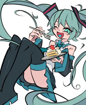 1girl blue_eyes blue_hair cake cake_slice cxdotchison detached_sleeves food fork hatsune_miku holding holding_fork long_hair long_sleeves pleated_skirt skirt solo twintails vocaloid