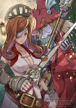 2girls armor ascot bare_shoulders beatrix_(ff9) belt blonde_hair blue_ascot breasts brown_belt brown_eyes brown_hair burmecian cleavage closed_mouth coat commentary_request cowboy_shot curly_hair eyepatch fighting_stance final_fantasy final_fantasy_ix fingerless_gloves freya_crescent gloves hair_between_eyes helmet highres holding holding_polearm holding_sword holding_weapon large_breasts long_hair loose_belt medium_hair mouse_girl multiple_girls pantyhose polearm quichi_91 red_coat red_helmet shoulder_armor sword tabard twitter_username veil weapon white_gloves white_veil winged_helmet yellow_eyes