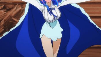 animated animated_gif anime_screenshot bare_legs blue_cape blue_hair blue_ribbon bouncing_breasts breasts cape large_breasts mask mouth_mask multicolored_hair one_piece pink_hair pink_mask pov reaching reaching_towards_viewer ribbon shirt skirt two-tone_hair ulti_(one_piece) white_shirt