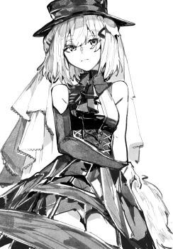 1girl animal_ears arknights bang_dream! bang_dream!_it&#039;s_mygo!!!!! chiriejjiyo commentary dog_ears dog_girl dress greyscale hat highres holding_own_arm medium_hair misumi_uika misumi_uika_(caged_singer) monochrome simple_background solo veil white_background
