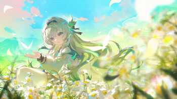 1girl black_hairband blue_sky blurry blurry_foreground bug butterfly cloud commentary_request cowboy_shot firefly_(honkai:_star_rail) firefly_(spring_missive)_(honkai:_star_rail) flower grey_hair grey_skirt hairband hand_up highres honkai:_star_rail honkai_(series) insect long_hair long_sleeves looking_down outdoors purple_eyes shirt sidelocks sitting skirt sky smile solo thighhighs white_flower white_shirt white_thighhighs yu_e_baba