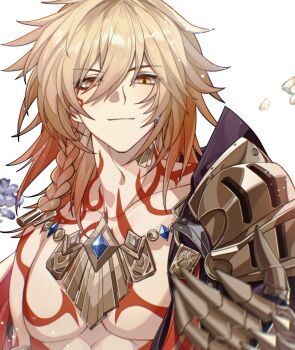 Rule 34 | 1boy, abs, absurdres, arm tattoo, black coat, blonde hair, braid, chest tattoo, chinese commentary, clawed gauntlets, coat, commentary request, earrings, facial tattoo, gold earrings, gold necklace, gradient hair, highres, honkai: star rail, honkai (series), jewelry, male focus, medium hair, multicolored hair, mydei (honkai: star rail), necklace, open clothes, open coat, red hair, red tattoo, side braid, solo, suer2230, tattoo, toned, toned male, yellow eyes