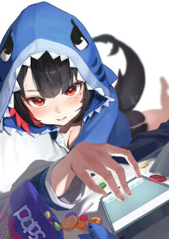 1girl absurdres animal_hood black_hair black_shorts blue_jacket blush breasts candy cleavage closed_mouth colored_inner_hair commentary_request ellen_joe fins fish_tail food hair_between_eyes highres hood hooded_jacket jacket lollipop looking_at_viewer lying mole mole_under_eye multicolored_hair on_stomach phone red_eyes scar scar_on_tail shark_girl shark_hood shark_tail short_hair shorts simple_background solo tail takusaku white_background zenless_zone_zero