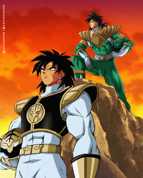 2boys absurdres arm_guards armor belt black_hair bodysuit boots broly_(dragon_ball_super) broly_(dragon_ball_z) cosplay crossover dark-skinned_male dark_skin dino_buckler dragon_ball dragon_ball_super dragon_ranger dragonball_z facial_scar gloves gold_armor gold_trim green_bodysuit green_ranger_(cosplay) helmet highres holding holding_unworn_helmet jason_david_frank kiba_ranger kiba_ranger_(cosplay) long_hair mighty_morphin_green_ranger mighty_morphin_power_rangers mighty_morphin_white_ranger multiple_boys muscular power_rangers salvamakoto scar scar_on_cheek scar_on_face shoulder_armor spiked_hair tokusatsu unworn_headwear unworn_helmet white_bodysuit