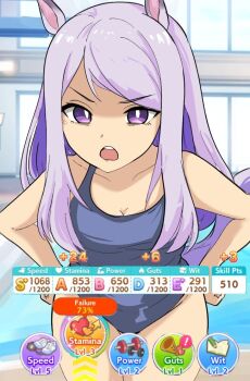 1girl anger_vein angry animal_ears bare_shoulders gameplay_mechanics highleg highleg_one-piece_swimsuit horse_ears horse_girl horse_tail long_hair looking_at_viewer mejiro_mcqueen_(umamusume) one-piece_swimsuit open_mouth purple_eyes purple_hair school_swimsuit solo swimsuit tail tavi_(hosheezus) umamusume