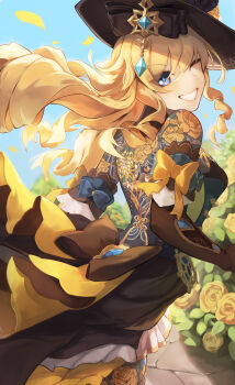 Rule 34 | 1girl, absurdres, back tattoo, black gloves, blonde hair, blue eyes, commentary, dress, drill hair, drill sidelocks, english commentary, flower, genshin impact, gloves, hat, highres, jewelry, long hair, looking at viewer, navia (genshin impact), omeletricetaro3, one eye closed, sidelocks, smile, solo, tattoo