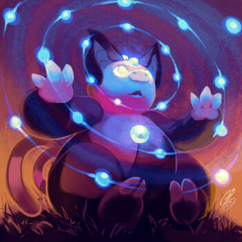 commentary english_commentary full_body gen_3_pokemon gina_chacon glowing glowing_eyes grass grumpig nintendo no_humans nostrils open_mouth outdoors pokemon pokemon_(creature) pokemon_focus second-party_source signature sitting solo