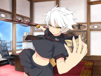 1girl architecture black_necktie black_sailor_collar black_serafuku black_skirt blush bookshelf breasts chair crop_top desk east_asian_architecture fusuma groin hebijo_academy_school_uniform holding holding_sword holding_weapon infinity_symbol large_breasts looking_at_viewer miyabi_(senran_kagura) navel necktie office official_art paper_stack pleated_skirt puffy_short_sleeves puffy_sleeves red_trim rug sailor_collar school_uniform senran_kagura senran_kagura_new_link serafuku seven-branched_sword short_hair short_sleeves skirt sliding_doors slit_pupils smirk solo spiked_hair swivel_chair sword tsuba_(guard) tsuka_(handle) weapon white_hair wooden_floor yellow_eyes