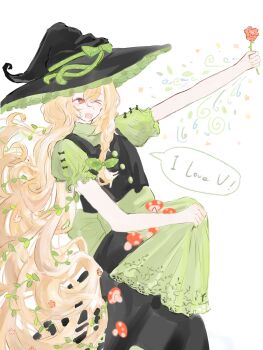 &gt;_o 1girl absurdly_long_hair absurdres alternate_color apron back_bow bare_arms black_bow black_hat black_skirt black_vest blonde_hair bow braid brown_eyes buttons chinese_commentary commentary commentary_request cowboy_shot dot_nose english_commentary english_text flower frilled_headwear frilled_sleeves frills giving_flower green_apron green_bow green_shirt hair_bow hair_flower hair_ornament happy hat hat_bow highres holding holding_flower kirisame_marisa lace-trimmed_apron lace_trim long_hair long_skirt looking_ahead miaoliang01075 mixed-language_commentary mushroom one_eye_closed open_mouth outstretched_arm plant pleated_skirt polka_dot polka_dot_bow print_apron puffy_short_sleeves puffy_sleeves red_flower shirt short_sleeves side_braid simple_background single_braid skirt skirt_basket skirt_hold skirt_set sleeve_bow smile solo speech_bubble touhou turtleneck turtleneck_shirt very_long_hair vest vines waist_apron wavy_hair white_background witch_hat