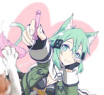 Rule 34 | 1girl, animal ear fluff, animal ears, aqua eyes, aqua hair, armored leotard, artist name, asagi501, belt pouch, black gloves, black leotard, black trim, breasts, breasts apart, cat, cat ears, cat girl, cat tail, cat teaser, closed mouth, commentary request, cropped jacket, double-parted bangs, fingerless gloves, gloves, green jacket, hair between eyes, hair ornament, hairclip, head on hand, heart, heart background, highres, holding, holding cat teaser, jacket, kemonomimi mode, leotard, looking at viewer, lying, medium breasts, medium hair, messy hair, multicolored jacket, multicolored leotard, on stomach, open clothes, open jacket, pink background, playing with animal, pouch, scarf, sinon, smile, solo, split mouth, sword art online, tail, tassets, twitter username, two-tone jacket, two-tone leotard, variant set, watermark, white background, white jacket, white leotard, white scarf