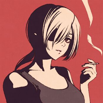 1girl animated animated_gif between_fingers black_eyes black_tank_top breasts chainsaw_man cigarette closed_mouth expressionless eyepatch hair_between_eyes high_contrast holding holding_cigarette looking_at_viewer medium_breasts medium_hair moshimoshibe one_eye_covered parted_lips ponytail portrait quanxi_(chainsaw_man) red_background simple_background sleeveless smoke solo tank_top white_hair